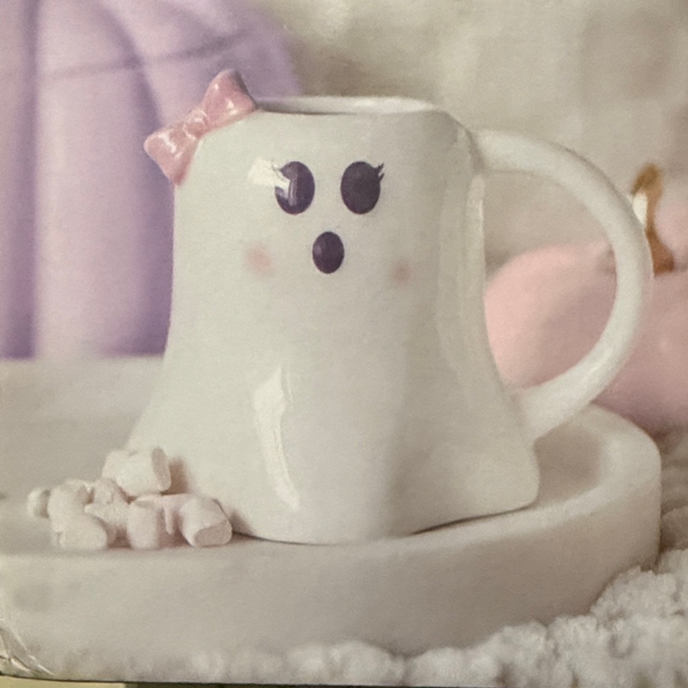 Cute Pink Bow Ghost Ceramic Mug - White/Pink